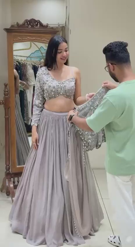 Luxury Steel Grey Embroidered Indo-Western Lehenga Choli Set for Women