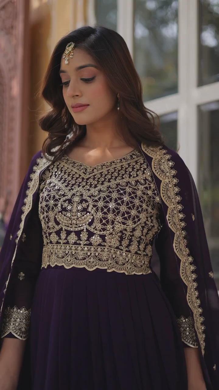D 39 💜 Royal Purple Embroidered Anarkali Gown Set 💜
