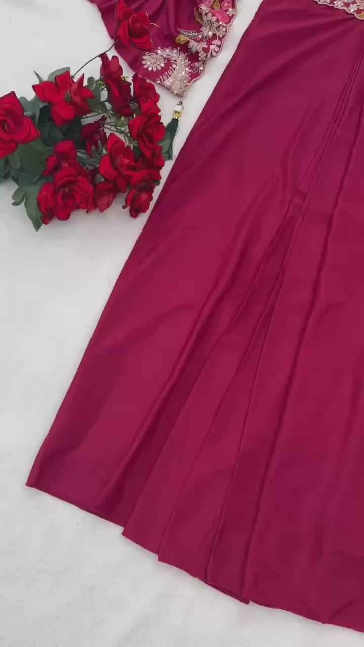 Designer Wine Draped Saree with Embroidered Cape Shrug
