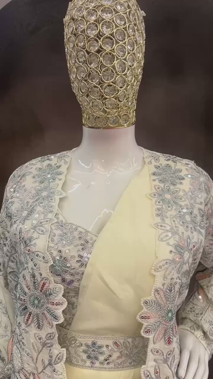Elegant Cream Ready-to-Wear Saree with Embroidered Designer Jacket & Belt