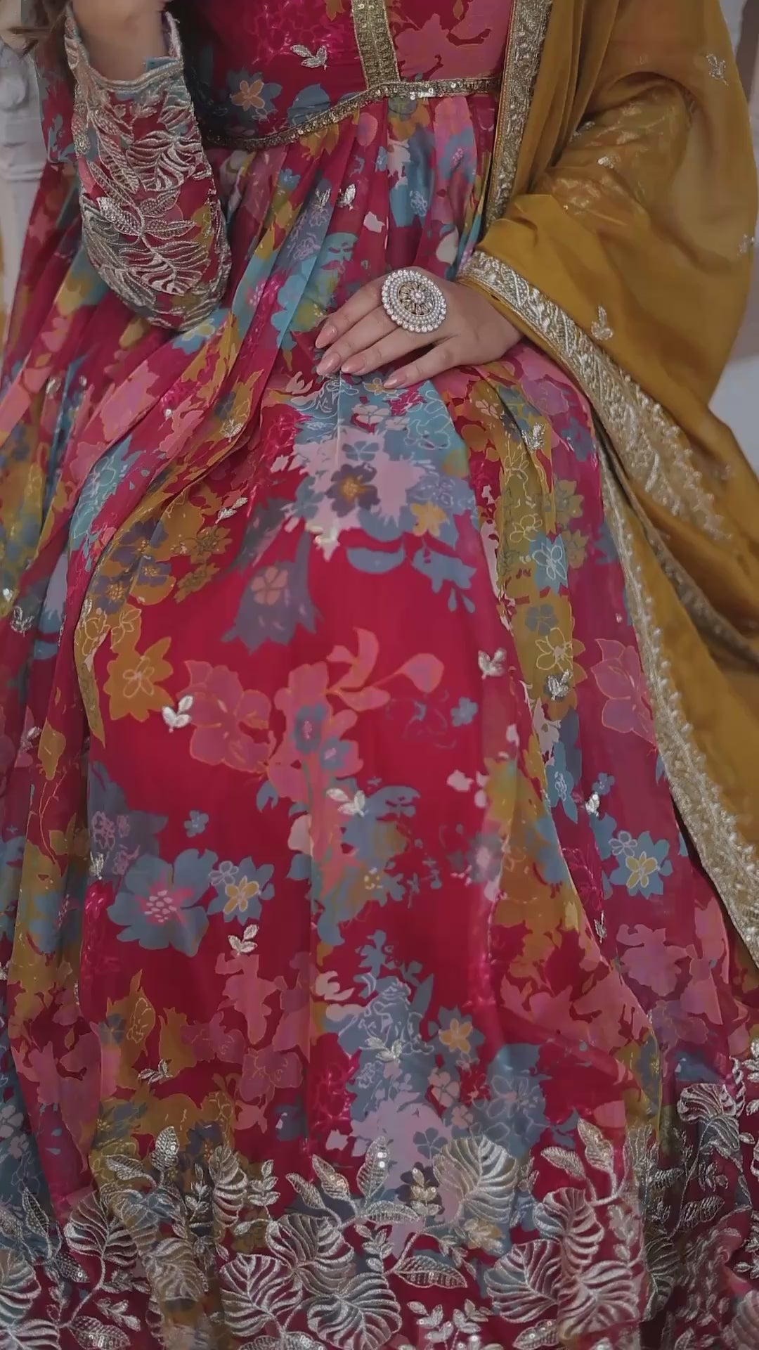 D 41 🌸 Multicolor Floral Anarkali Gown with Mustard Dupatta 🌸