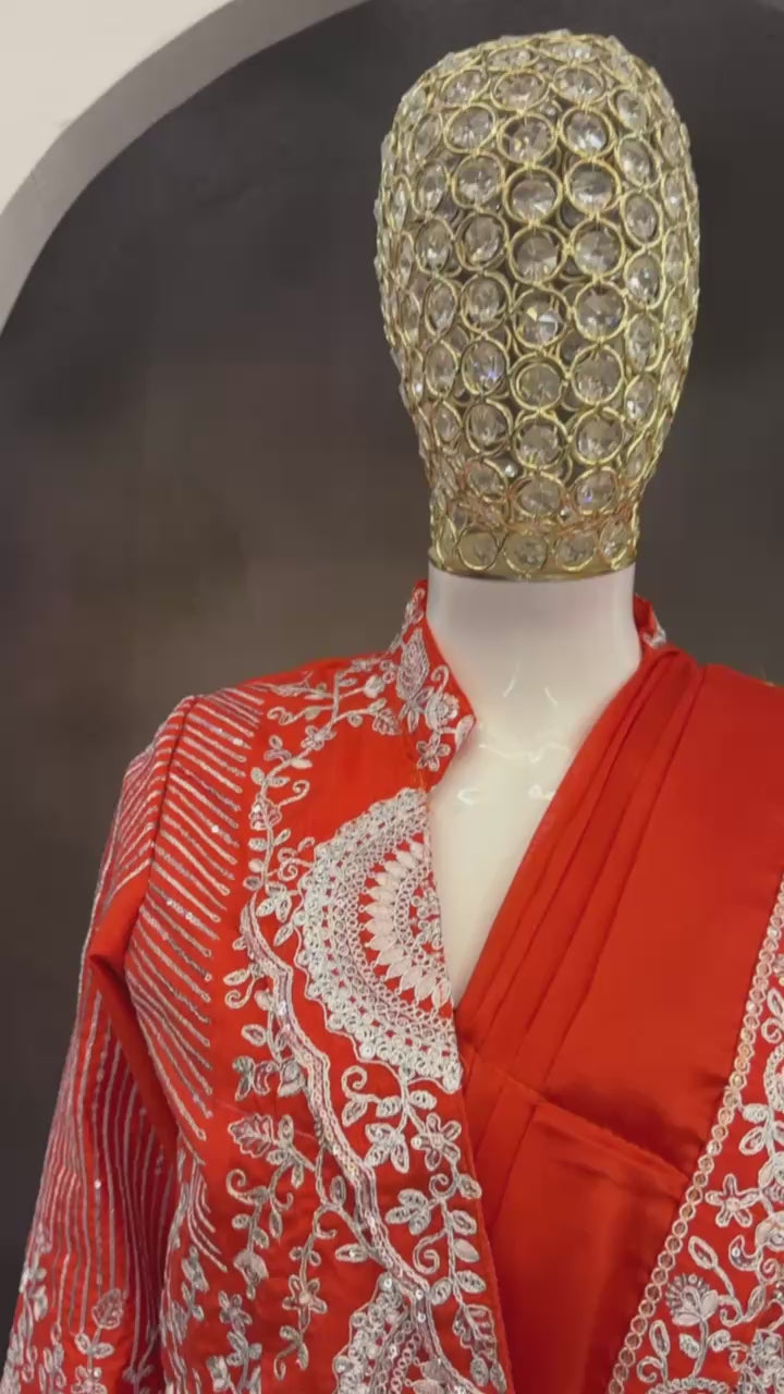 D 55 🧡 Rust Orange Saree with Heavy Embroidery Jacket