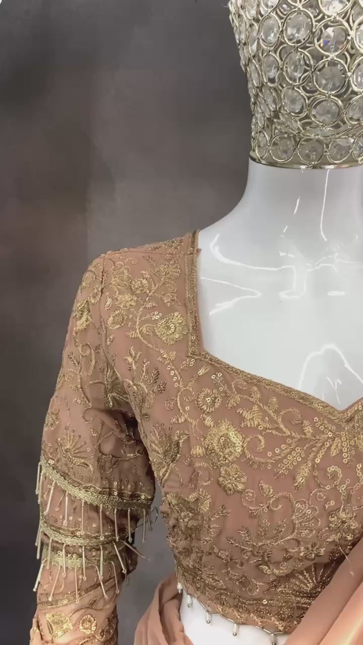 Luxury Copper Brown Embroidered Ready-to-Wear Lehenga Saree for Women