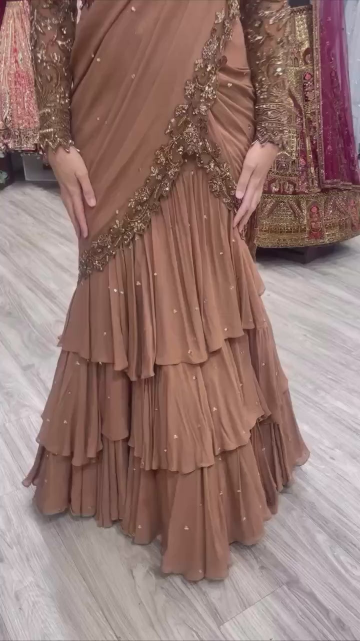 Luxury Copper Brown Embroidered Ready-to-Wear Lehenga Saree for Women