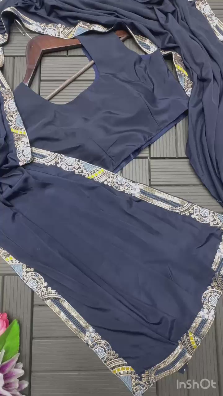 D 44 💙  Navy Blue Embellished Jacket Saree
