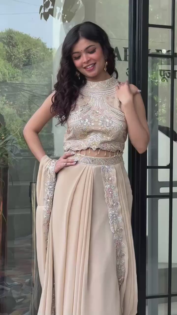 Champagne Beige Ready-to-Wear Lehenga Saree for Women