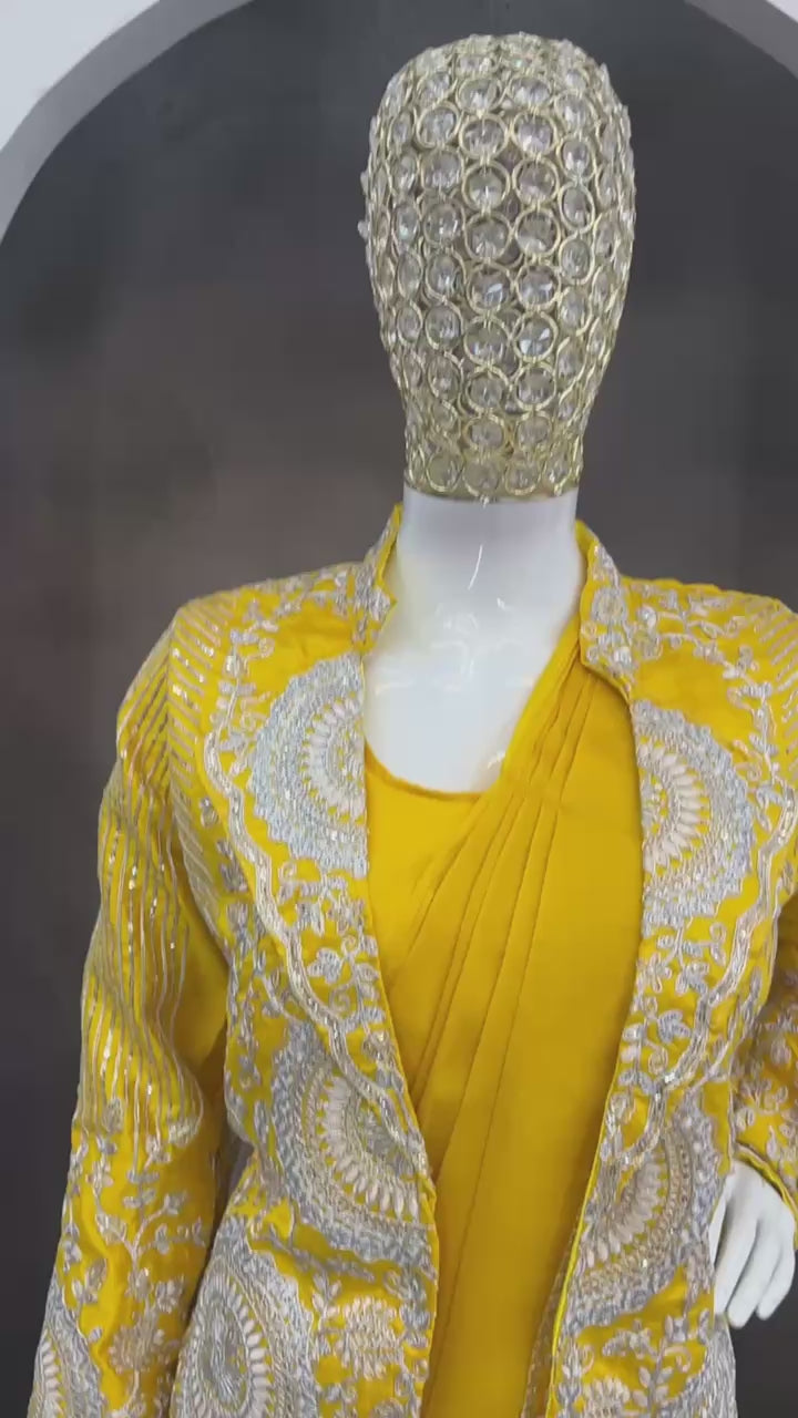 D 59 💛 Mustard Yellow Saree with Embroidered Jacket