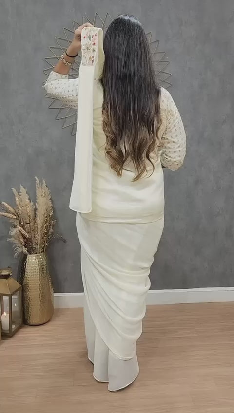 D 89 ✨ Elegant Ivory Designer Saree with Embroidered Jacket ✨