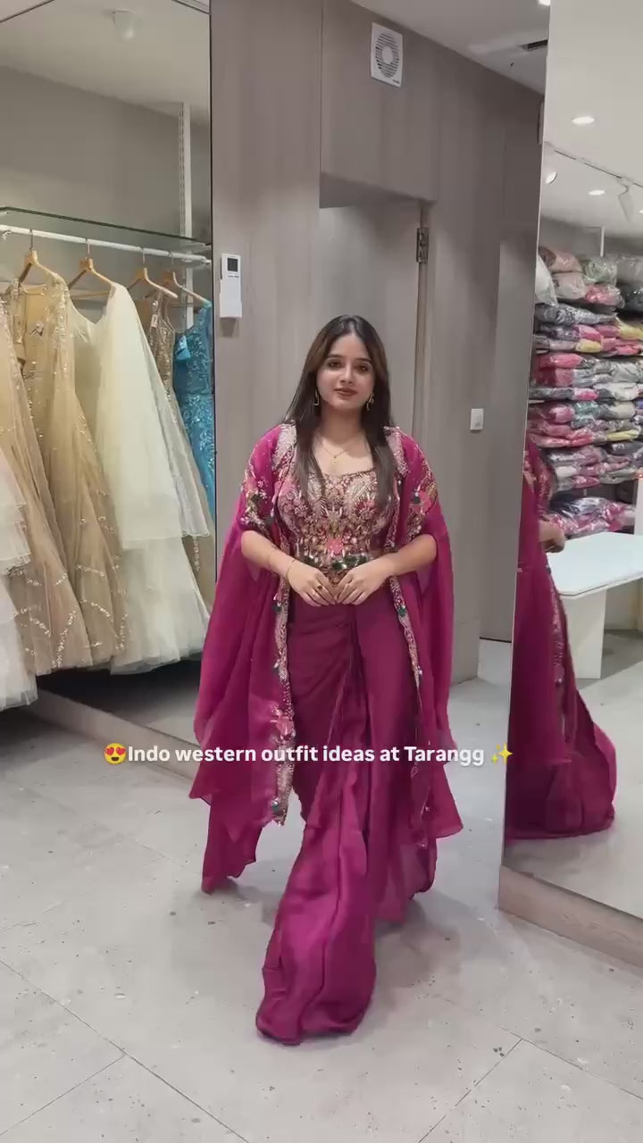 Luxury Wine Indo-Western Saree Set for Women
