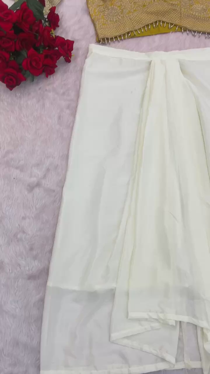 D 97✨ Elegant Ivory Drape Skirt with Embroidered Blouse & Dupatta Set ✨