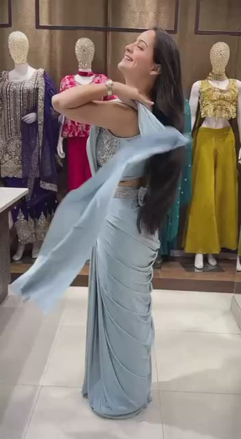 Sky Blue Ready-to-Wear Saree with Embroidered Designer Jacket & Belt Set