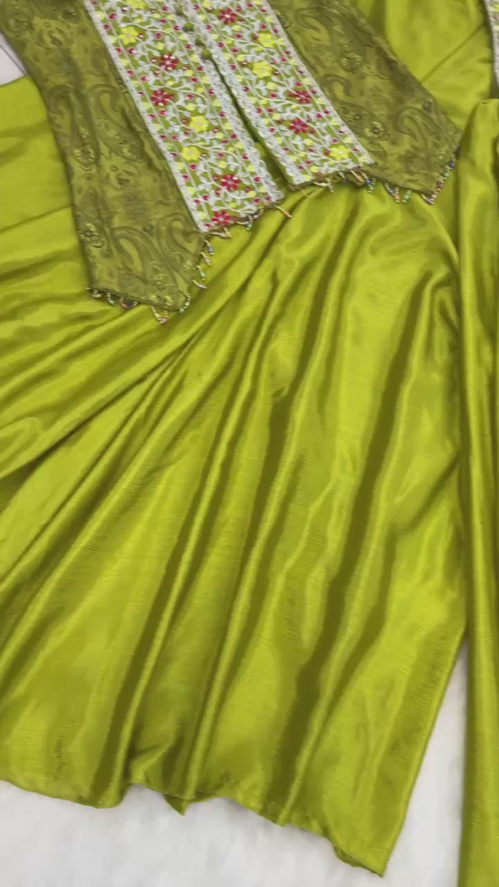 D 76 ✨ Elegant Olive Green Embroidered Palazzo Set ✨