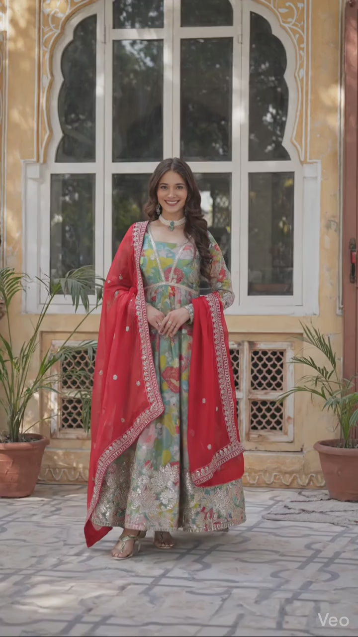 D 65 ✨ Elegant Floral Anarkali Gown with Red Dupatta ✨
